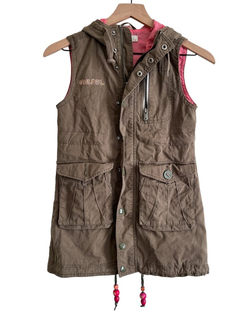 Diesel Vintage Y2K Olive Green Zip Up Hooded Utility Vest